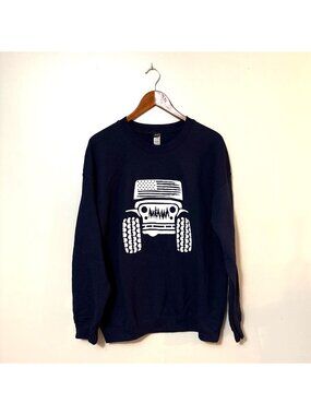 Navy XL‎ Crewneck Sweatshirt Jeep w/American Flag  Cotton/Polyester